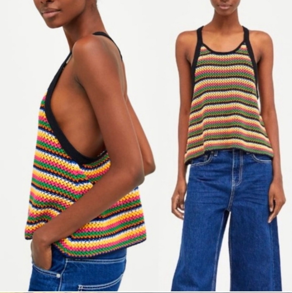 ZARA Knit Multicolor Crochet Oversized Racerback Top Colorful Stripe M